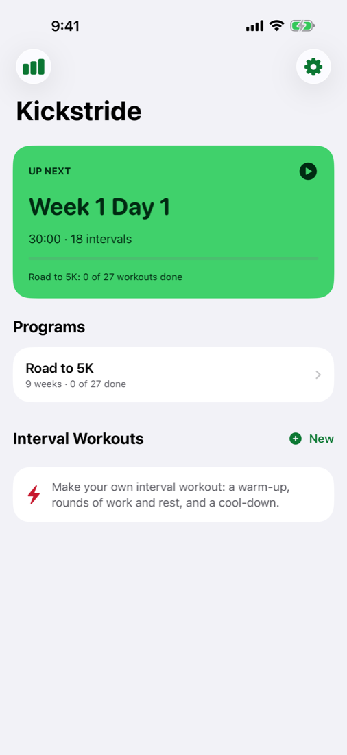 Home screen with Up Next, Programs, and Interval Workouts.