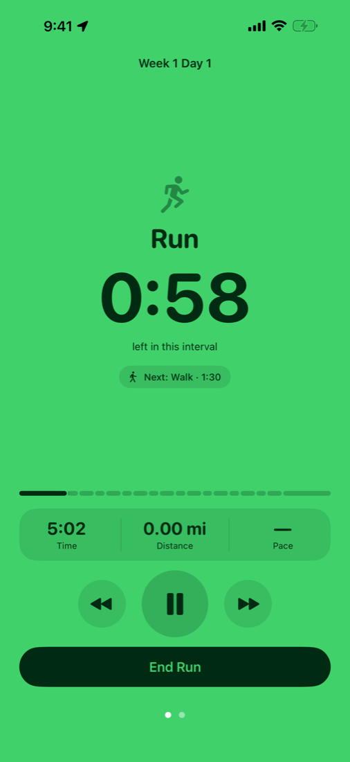 The run screen: the current step is Run, with 58 seconds left in this interval.