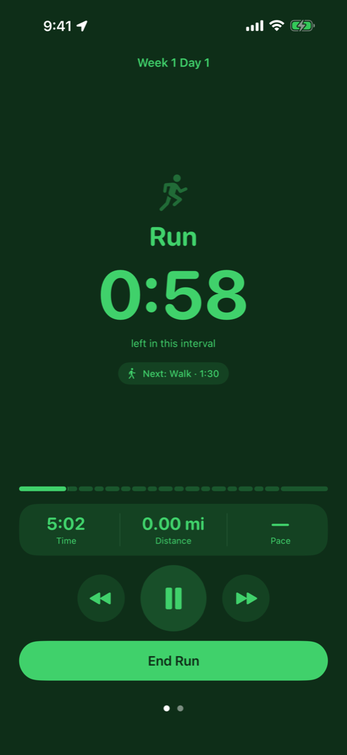 The run screen in dark mode.